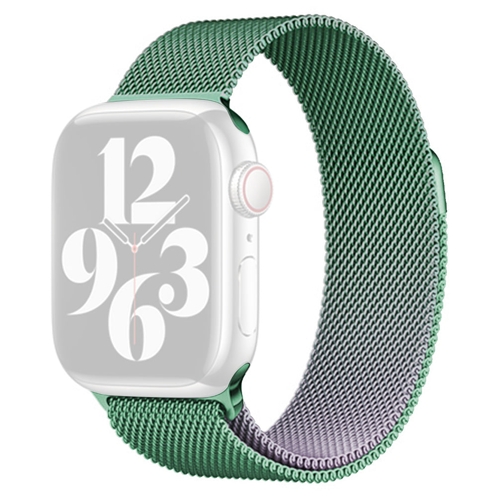 For Apple Watch Ultra / Ultra 2 49mm / 9 8 7 45mm / 6 5 4 SE (2022) SE (2023) SE 44mm / 3 2 1 42mm Milanese Mesh Watchband - Purple+Green For Apple Watch Ultra / Ultra 2 49mm / 9 8 7 45mm / 6 5 4 SE (2022) SE (2023) SE 44mm / 3 2 1 42mm Milanese Mesh Watchband - Purple+Green